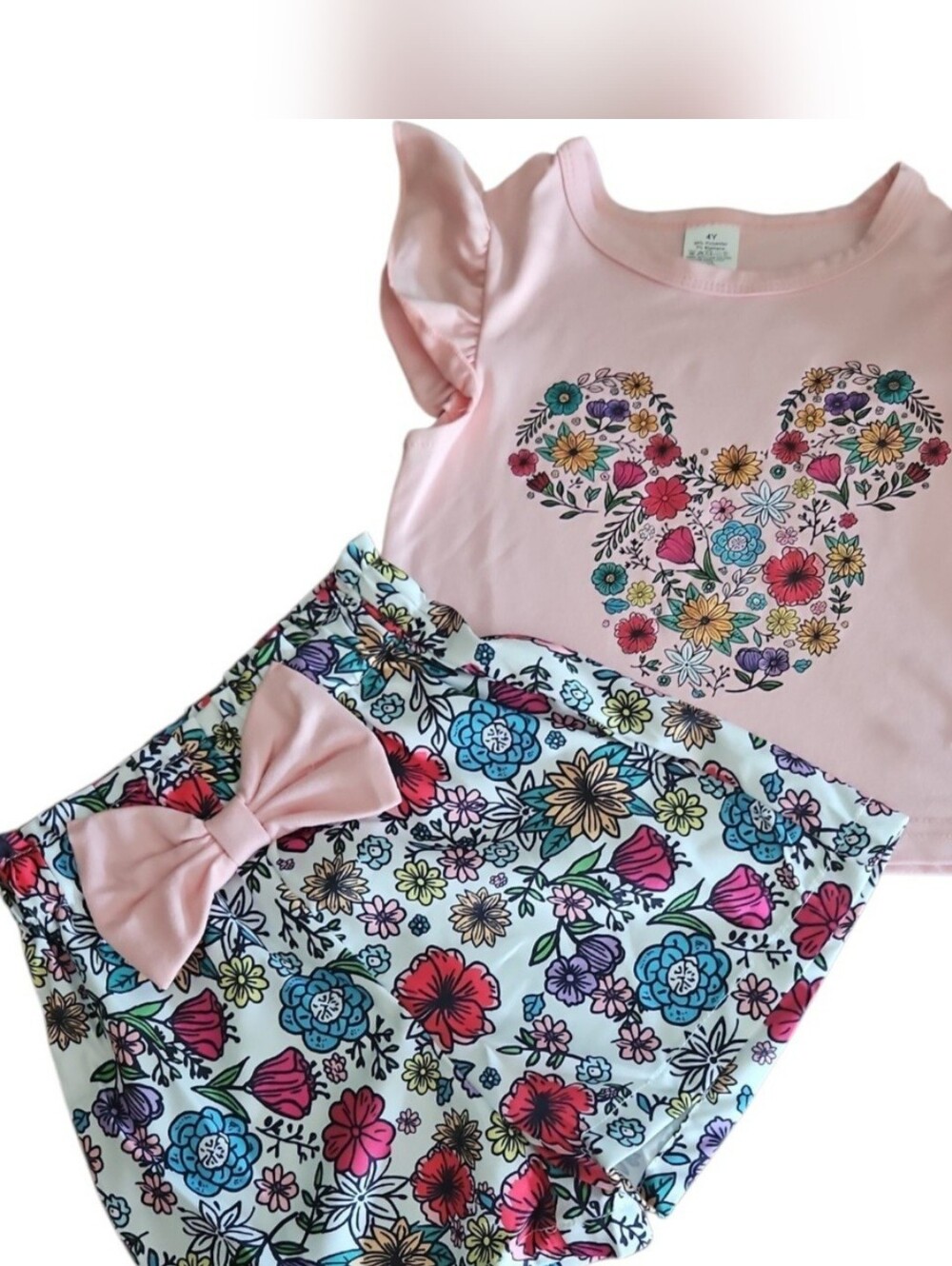 Girls Pink Floral Mickey-Heart Short Set